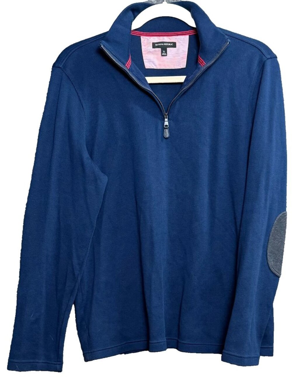 Banana Republic 1/4 Zip Navy Red 100% Cotton Pullover Elbow Patches Sz XL Preppy